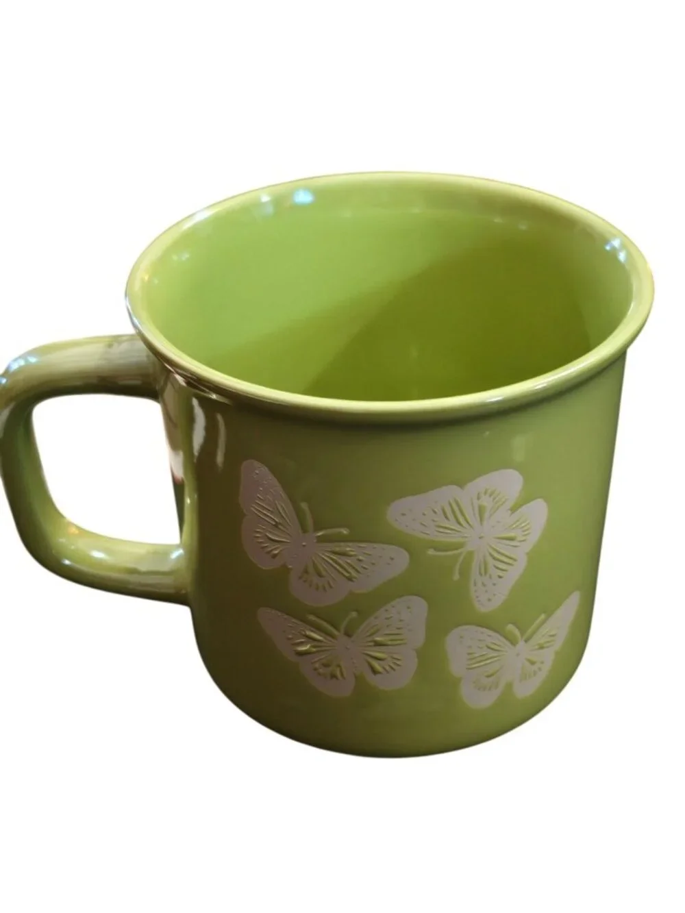 Butterfly Coffee Mug Cup Lime Green Ceramic Embossed Glaze Oversized 4